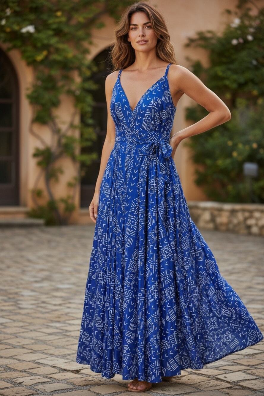 Advance Royal Blue with White Spaghetti Strap Maxi Dress, Women's OSFM